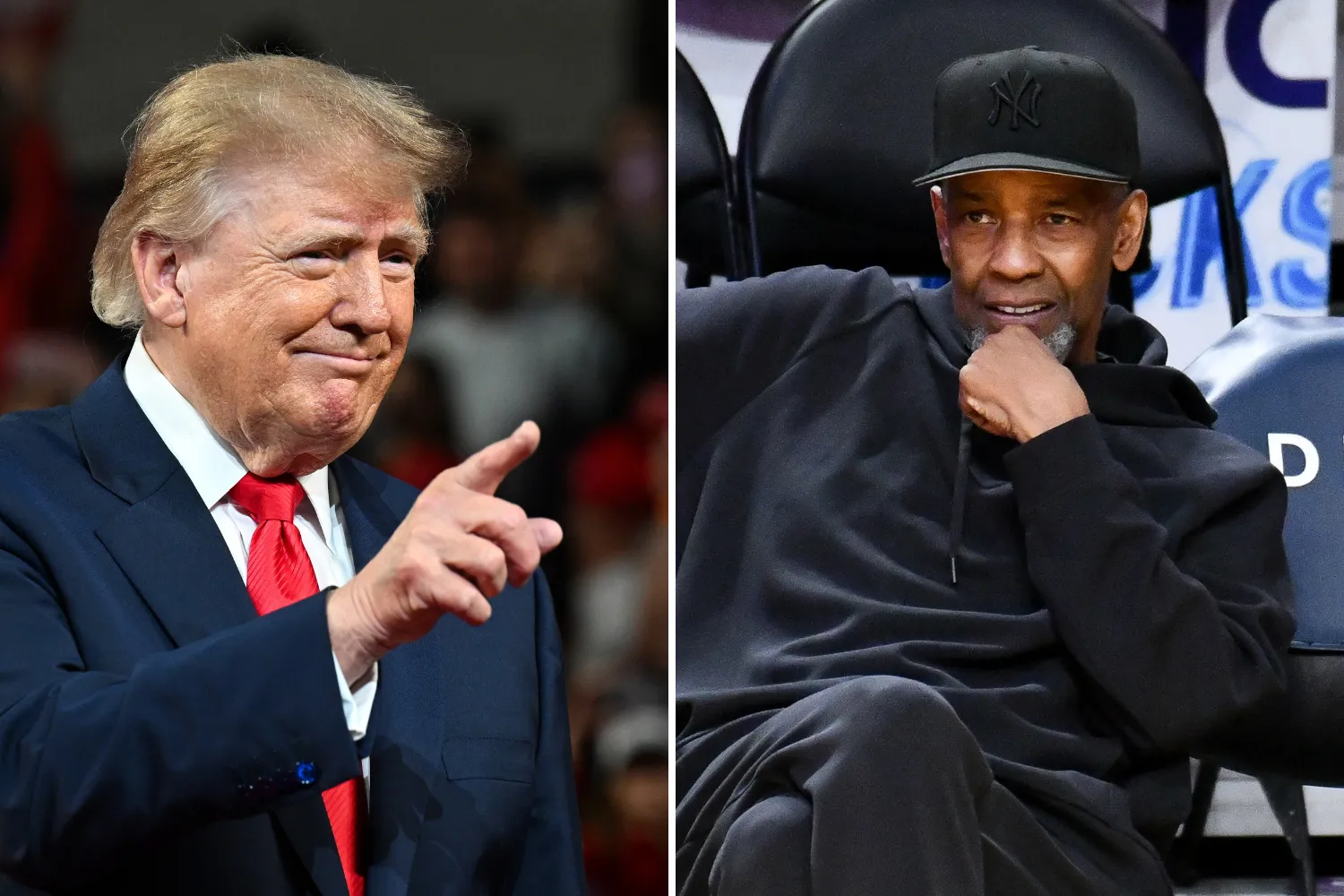 L: President Donald Trump at a rally in Clarksville, Tennessee, on October 10, 2026. R: Denzel Washington watches an LA Lakers game on February 10, 2026.
