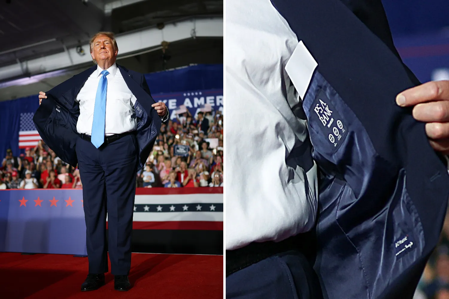 Trump shows off his suit at a rally, Pinnacle Bank Expo Center, Nebraska State Fairgrounds, Grand Island, Nebraska, October 5, 2026.